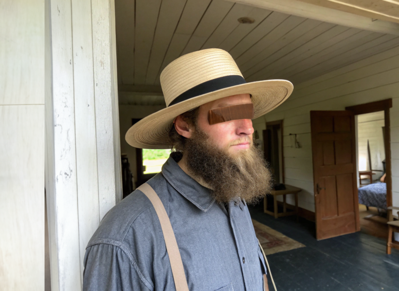 Pour éviter d’être espionnée une Amish met un bout de ruban adhésif sur son mari